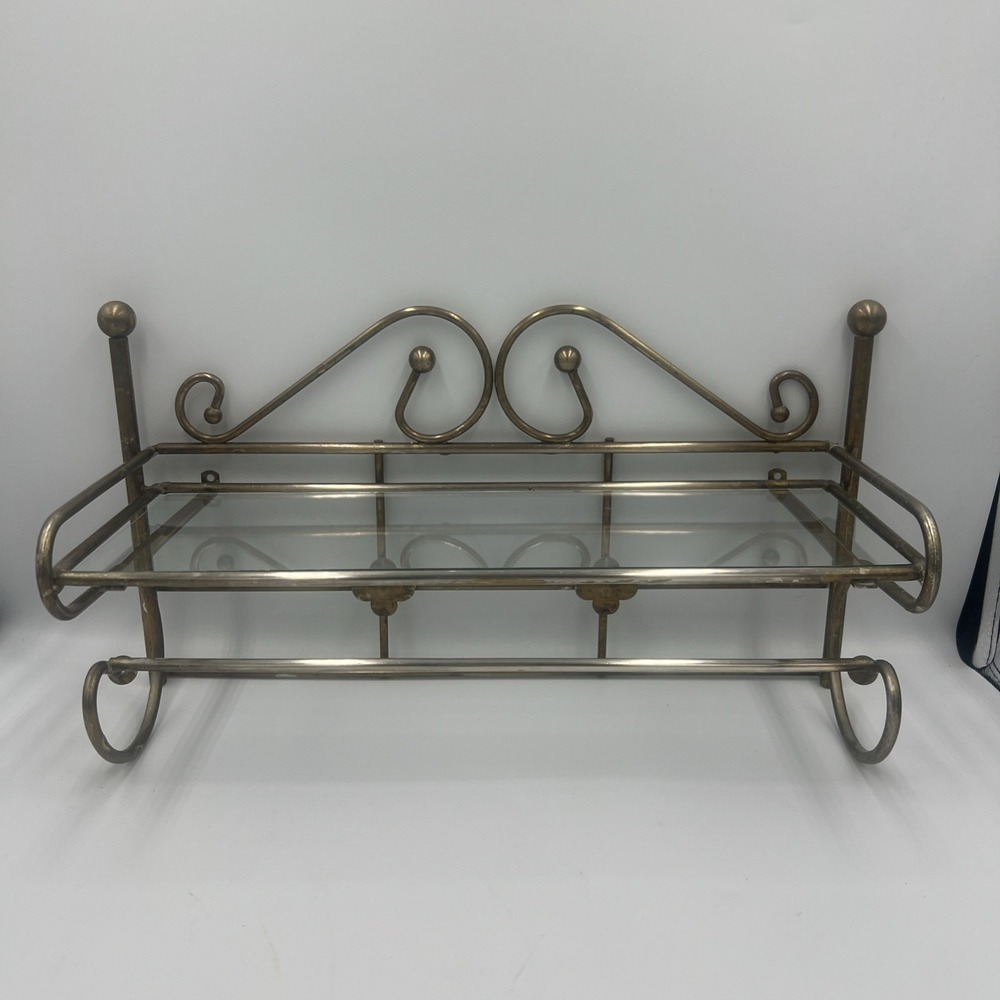 Solid Brass Vintage Bathroom Shelf & Towel Bar - Includes‎ Glass Shelf
